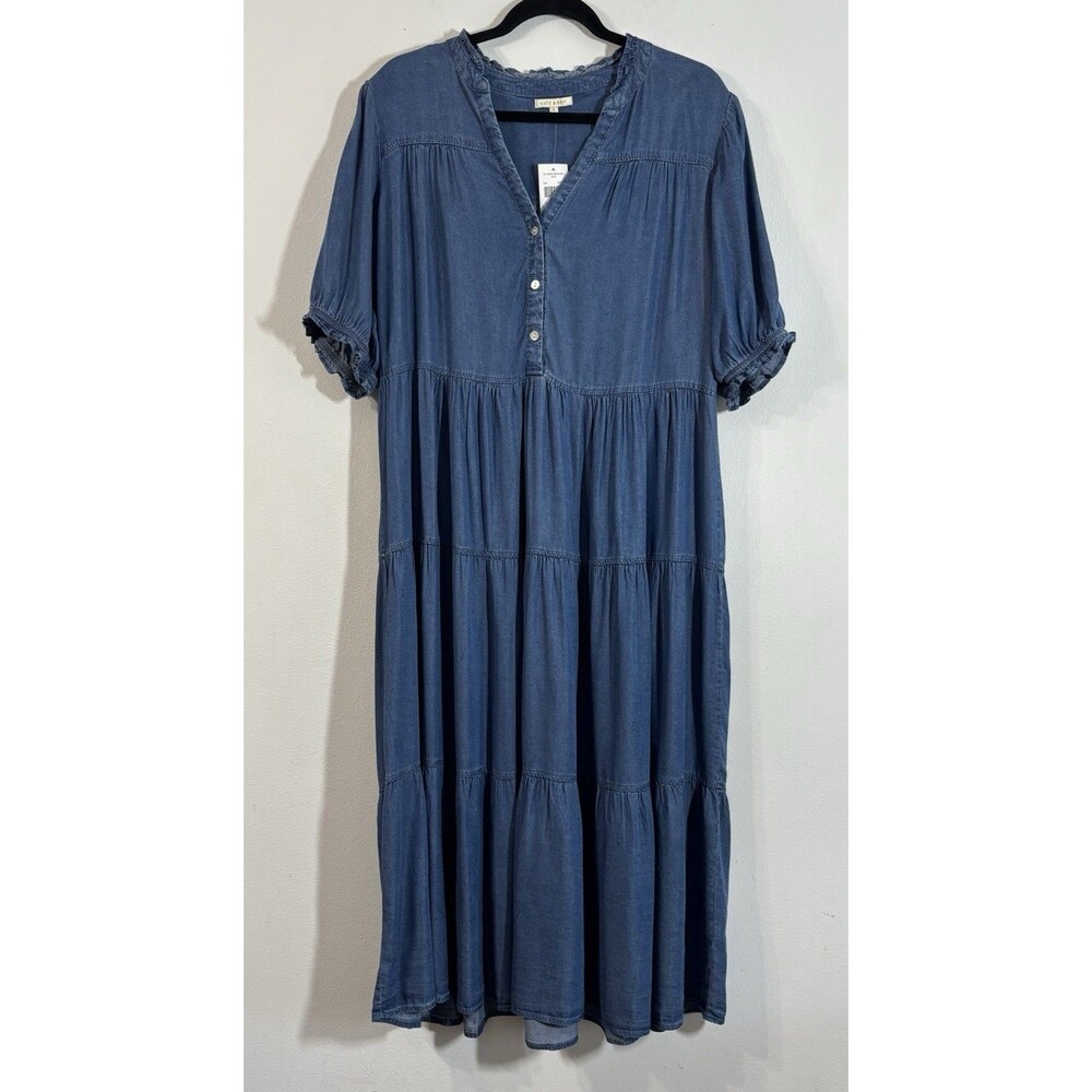KATE & SAM Women’s Large Tiered Denim Midi Dress Blue Chambray Short Sleeve NWT
